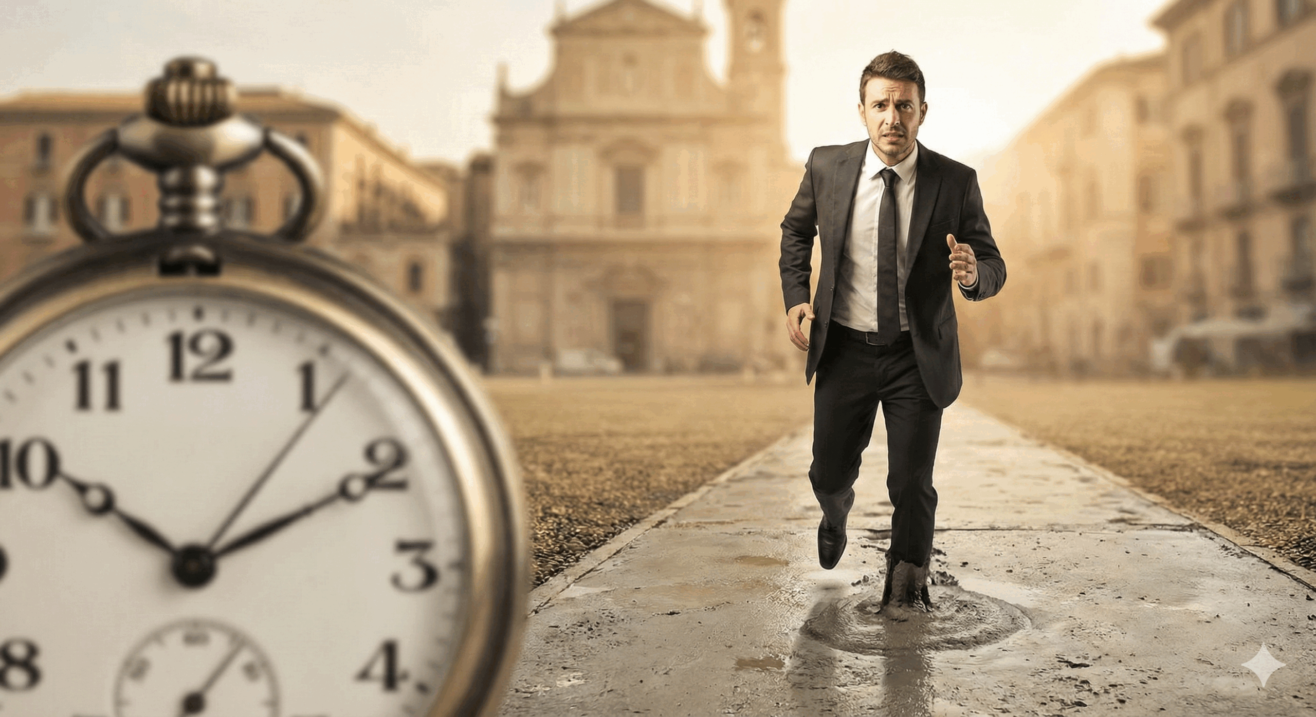 Uomo d'affari che cerca di correre ma è bloccato nel cemento, con un orologio in primo piano. Immagine concettuale per articolo su ansia del tempo perso e blocco psicologico del Dott. Antonio Fabozzi, psicologo a Nola.