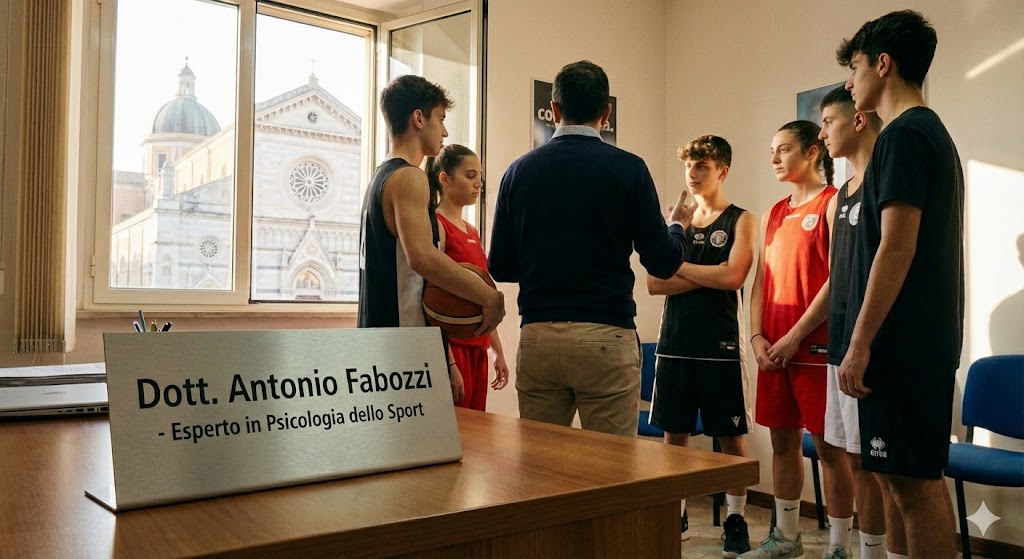 uno psicologo dello sport con atleti intorno
